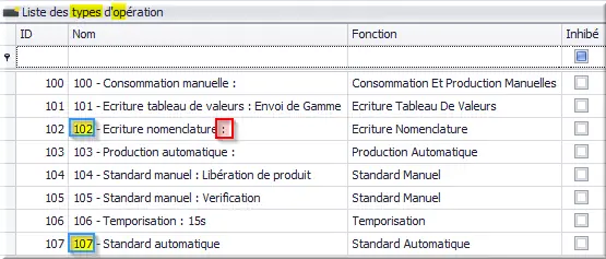 Liste des types d'opération