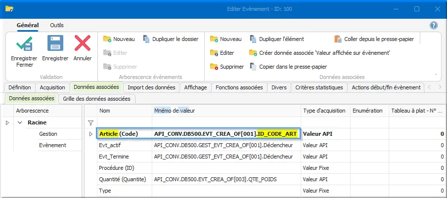 Données associées Article Code CREA_OF