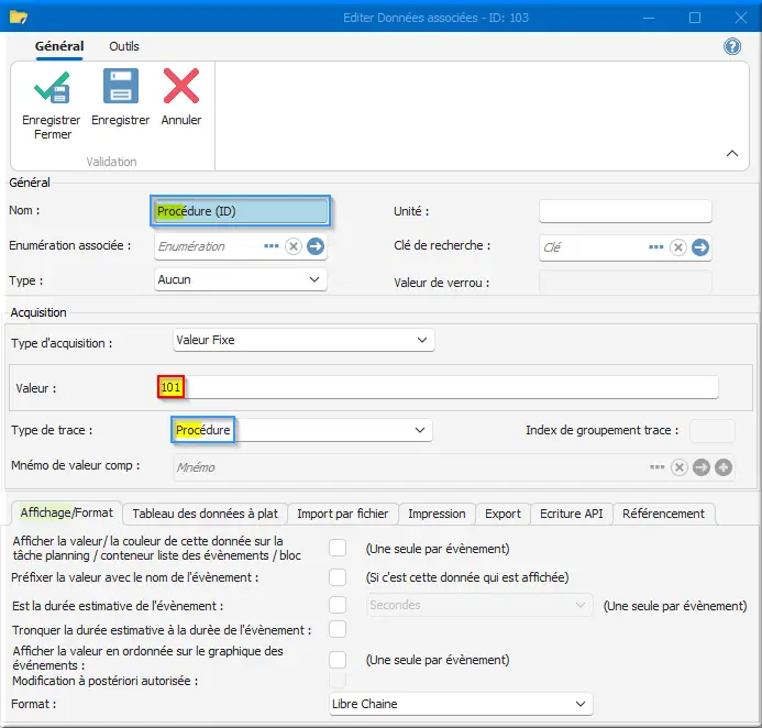 Data associée Procédure ID CREA_OF