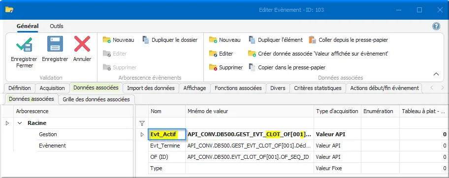 Données associées Evt_Actif CLOT